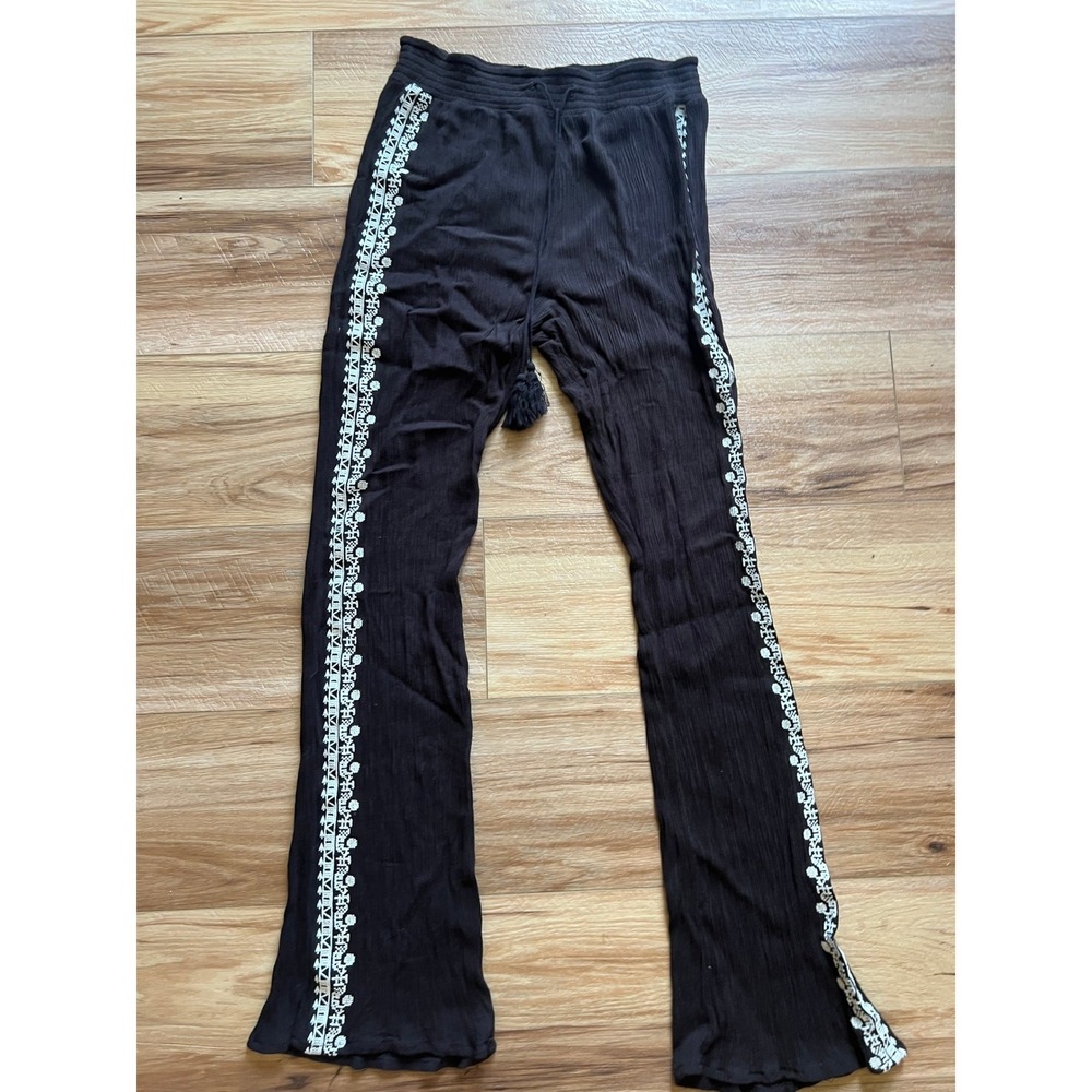 Mudd Large Flare Pants Boho Festival Black Embroidered Crinkle Gauze Tassels Y2K